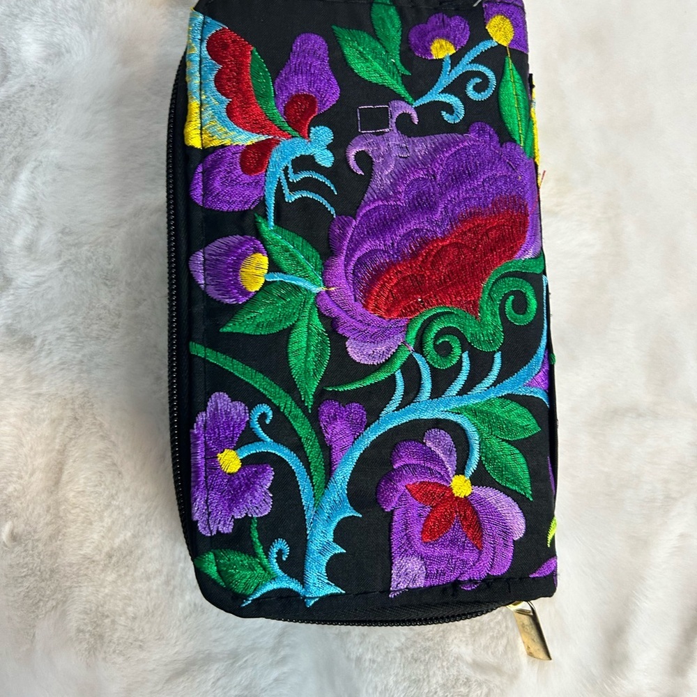 Embroidered Parrot Floral Black Zip Wallet Boho Colorful Coin Purse Clutch - Picture 5 of 6